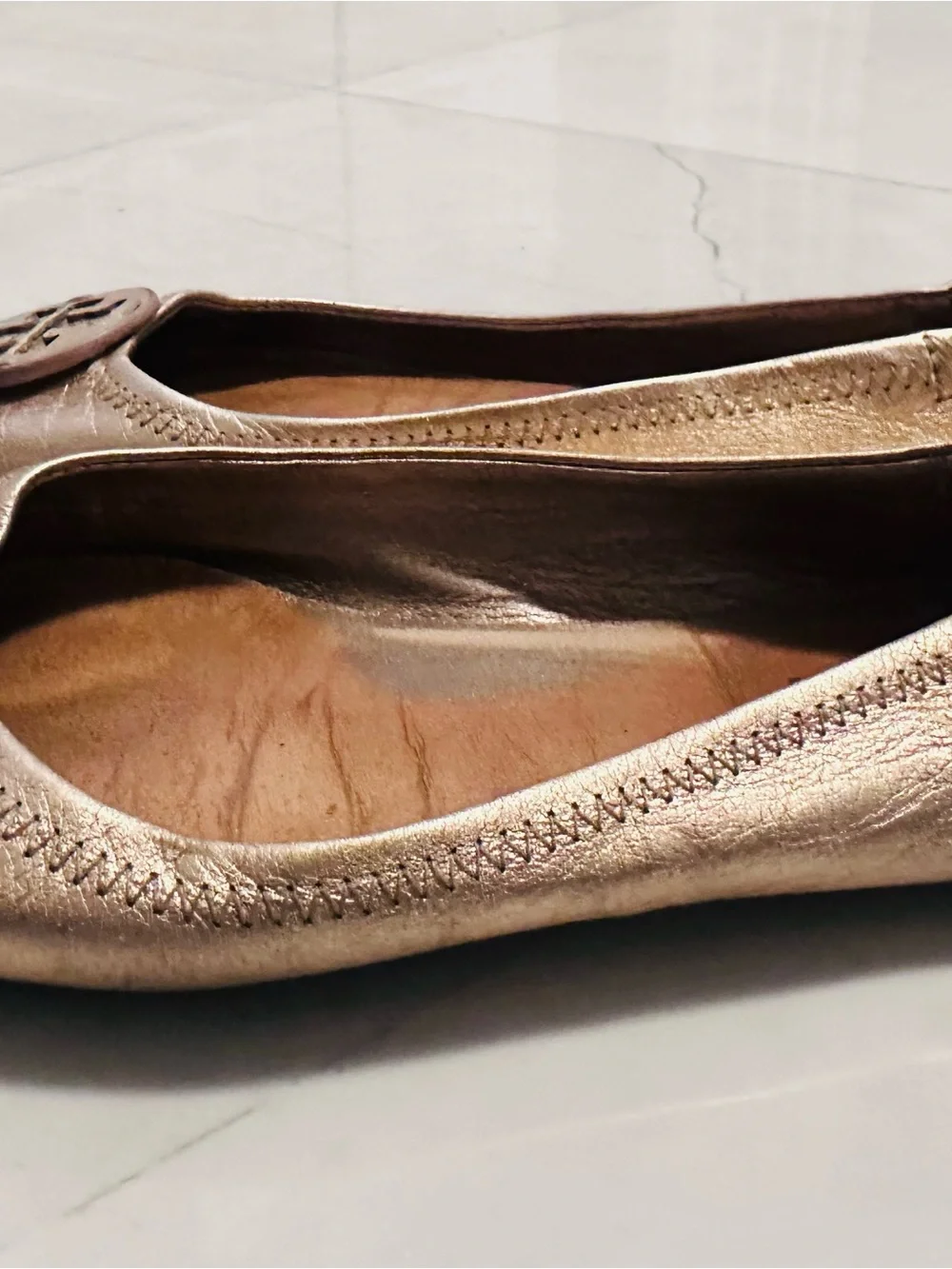 Tory Burch Rose Gold Logo Leather Ballet Flats